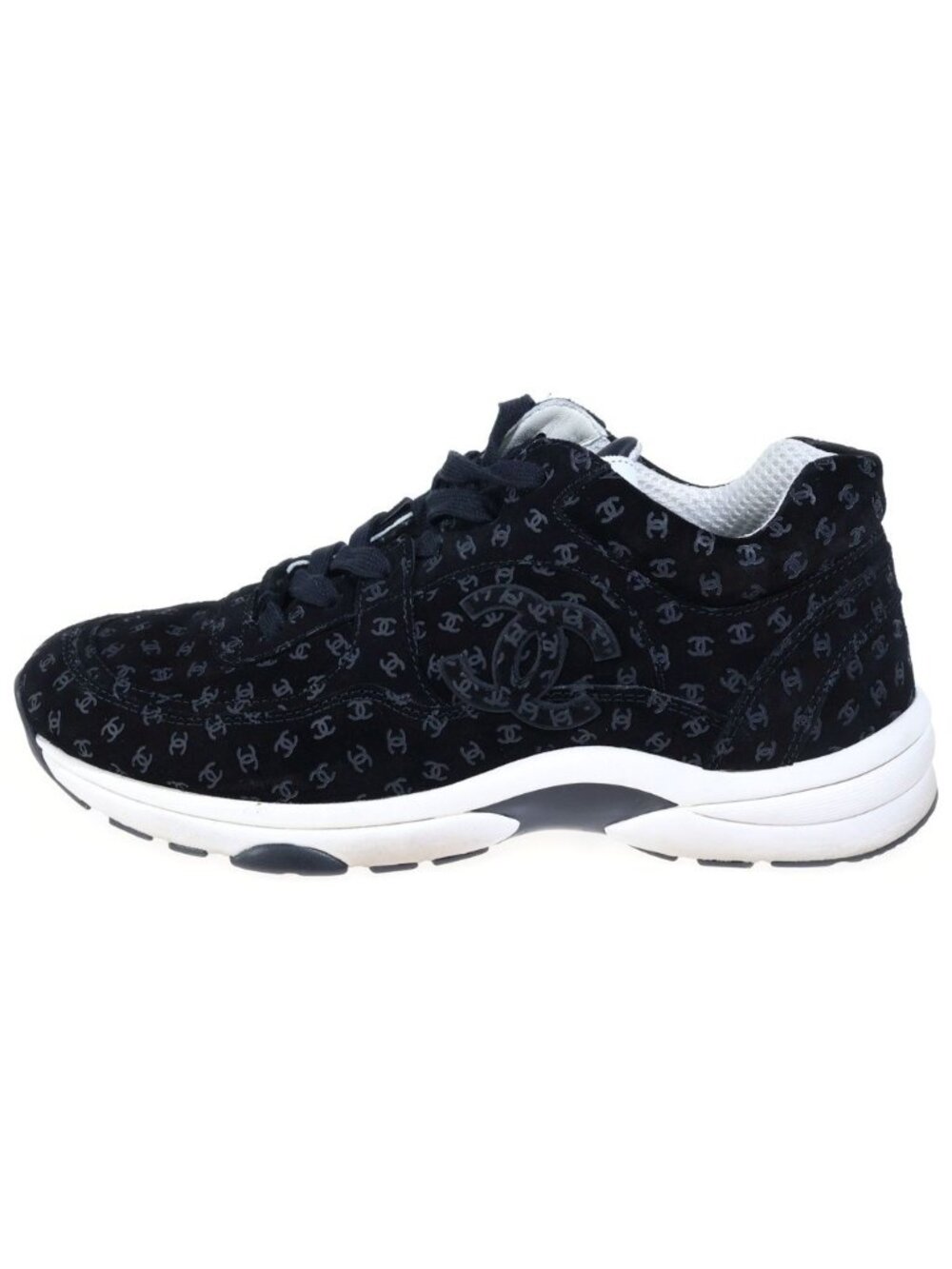 Chanel CC Logo All Over Print Suede Leather Low-Top Sneakers Black